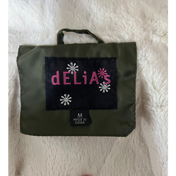 Delia's Army Green Satin Full Zip Front Jacket Size M Faux Fur Lined - Picture 5 of 6